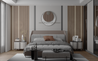 Bedroom with acoustic wood panelling and LED strip lights